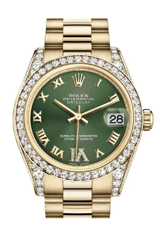 Rolex GMT-Master II with yellow gold -Rolex Datejust 31 Olive Green VI Diamonds Dial Diamond Bezel Lug 18K Yellow Gold President Ladies Watch 178158 Pre-owned