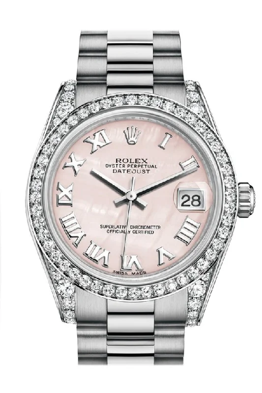 Rolex Submariner with black bezel -Rolex Datejust 31 Pink mother-of-pearl RomanDial Diamond Bezel Lug 18K White Gold President Ladies Watch 178159 Pre-owned