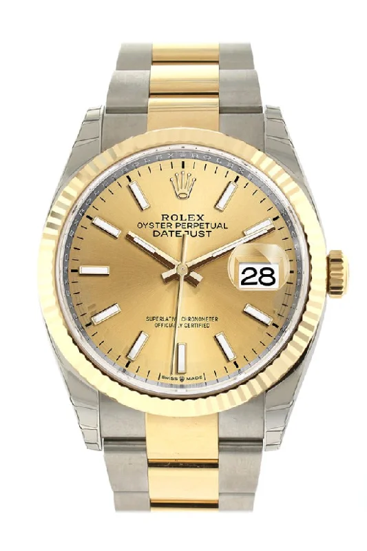 Rolex Datejust 41mm with jubilee bracelet -Rolex Datejust 36 Champagne-colour Dial Fluted Bezel Oyster Yellow Gold Two Tone Watch 126233 NP