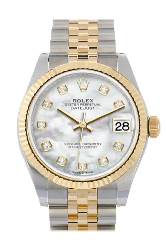 Rolex Submariner with polished finish -Rolex Datejust 31 White mother-of-pearl Diamond Dial Fluted Bezel 18K Yellow Gold Two Tone Jubilee Watch 278273 NP