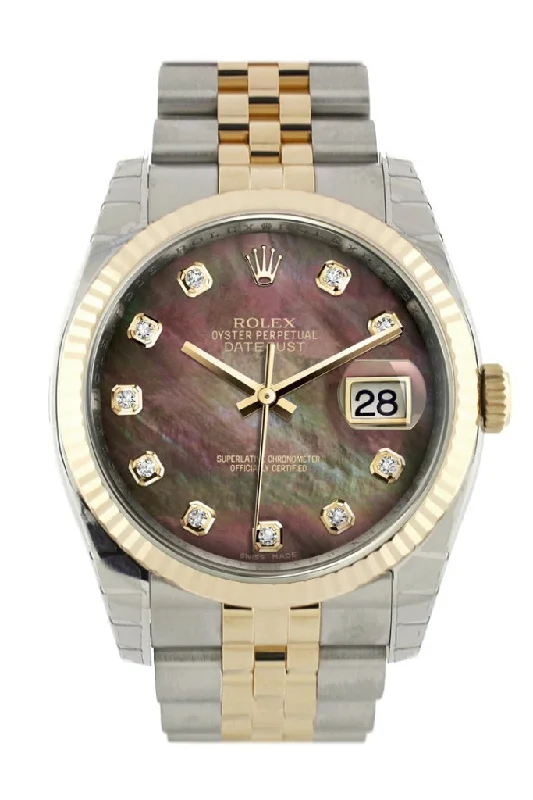 Rolex watches with vintage appeal -Rolex Datejust 36 Black mother-of-pearl Diamond Dial Fluted 18K Gold Two Tone Jubilee Watch 116233 Pre-owned