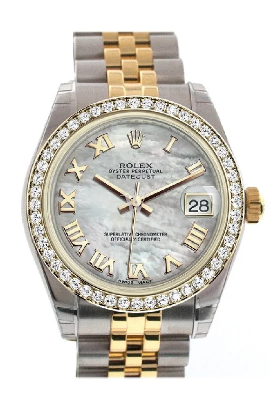 Rolex Day-Date with champagne dial -Rolex Datejust 31 White mother-of-pearl Roman Dial Diamond Bezel Jubilee Yellow Gold Two Tone Watch 178383 Pre-owned