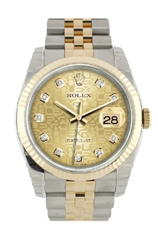 Rolex watches with vintage dials -Rolex Datejust 36 Champagne-colour Jubilee Diamond Dial Fluted 18K Gold Two Tone Jubilee Watch 116233 Pre-owned