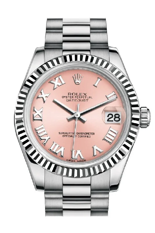 Rolex Submariner with steel bracelet -Rolex Datejust 31 Pink Roman Dial Fluted Bezel 18K White Gold President Ladies Watch 178279 Pre-owned