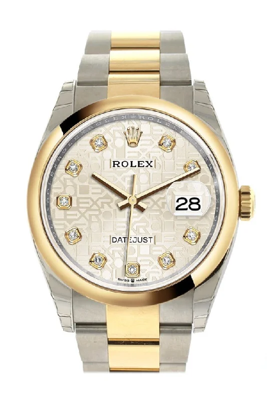 Rolex Explorer I with vintage appeal -Rolex Datejust 36 Silver Jubilee design set with diamonds Dial Dome Bezel Oyster Yellow Gold Two Tone Watch 126203 NP