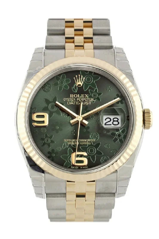 Rolex GMT-Master II with rose gold accents -Rolex Datejust 36 Green floral motif Dial Fluted 18K Gold Two Tone Jubilee Watch 116233 Pre-owned