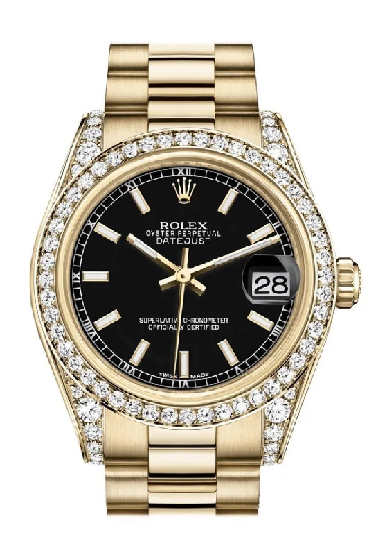 Rolex GMT-Master II with rose gold bracelet -Rolex Datejust 31 Black Dial Diamond Bezel Lug 18K Yellow Gold President Ladies Watch 178158 Pre-owned