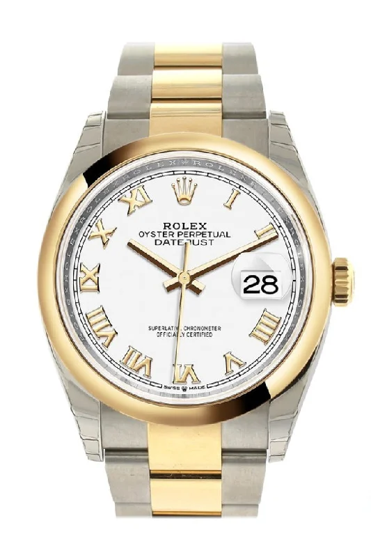 Rolex Chronograph watches with tachymeter -Rolex Datejust 36 White Roman Dial Dome Bezel Oyster Yellow Gold Two Tone Watch 126203 NP