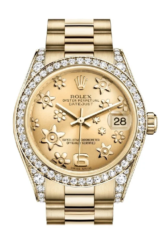 Rolex Day-Date 36mm with jubilee bracelet -Rolex Datejust 31 Champagne Floral Motif Dial Diamond Bezel Lug 18K Yellow Gold President Ladies Watch 178158 Pre-owned