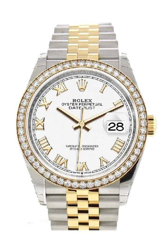 Rolex Datejust 41mm with elegant design -Rolex Datejust 36 White Roman Dial Diamond Bezel Jubilee Yellow Gold Two Tone Watch 126283RBR 126283 NP