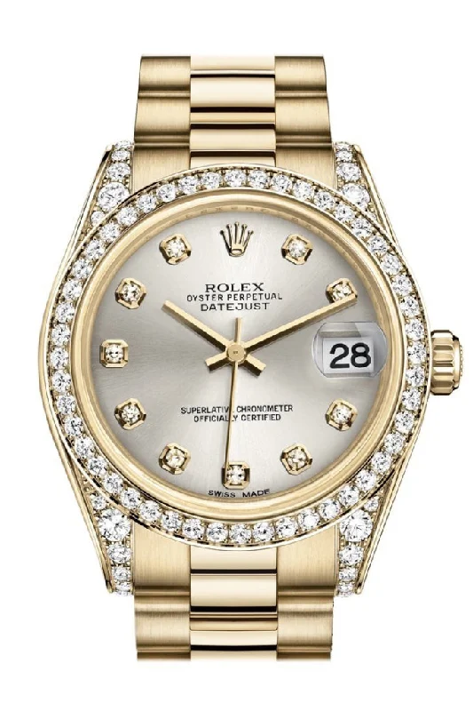 Rolex Datejust 41mm with black leather strap -Rolex Datejust 31 Silver Diamond Dial Diamond Bezel Lug 18K Yellow Gold President Ladies Watch 178158 Pre-owned