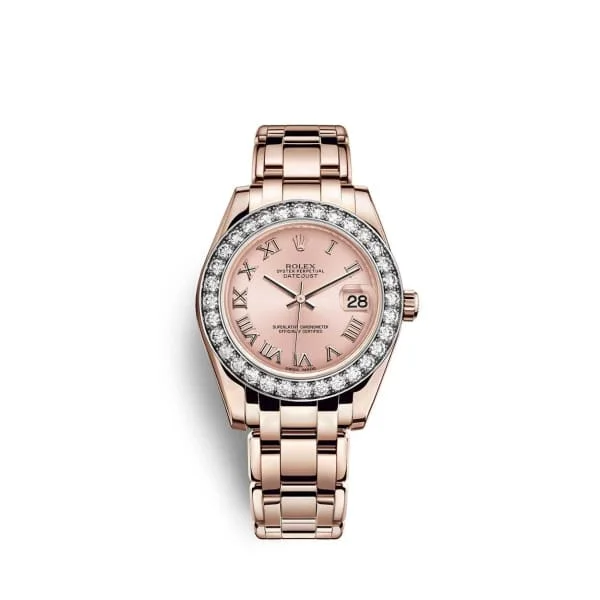 Rolex Submariner stainless steel version -Rolex Pearlmaster 34mm - Ref: 81285-0020 - Pink Roman Dial & Diamond Bezel, 18K Rose Gold Bracelet Women's Watch