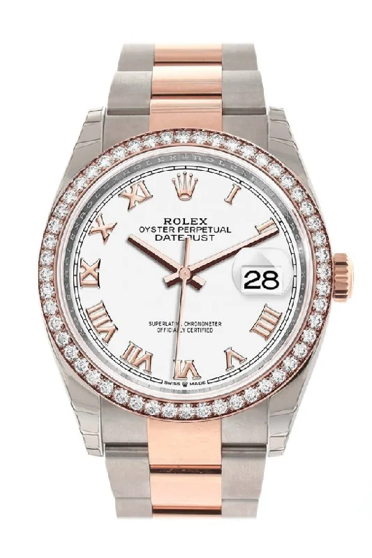 Rolex Submariner with red accents -Rolex Datejust 36 White Roman Dial Diamond Bezel Rose Gold Two Tone Watch 126281RBR 126281 NP