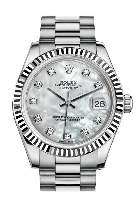 Rolex Datejust with blue fluted bezel -Rolex Datejust 31 White mother-of-pearl Diamond Dial Fluted Bezel 18K White Gold President Ladies Watch 178279 Pre-owned