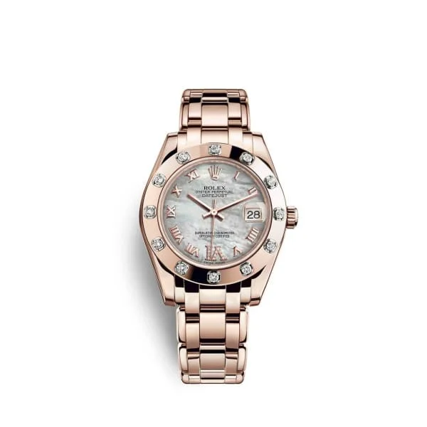 Rolex Submariner with polished finish -Rolex Pearlmaster 34mm - Ref: 81315-0002 - White mother of Pearl Roman Diamond Dial & Diamond Bezel, 18K Rose Gold Bracelet Women's Watch