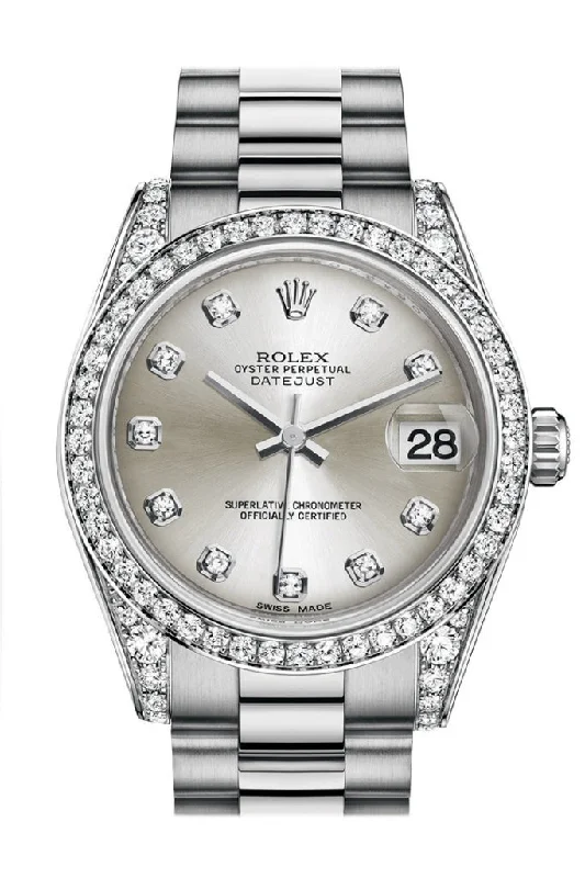 Rolex watches with 18k rose gold -Rolex Datejust 31 Silver Diamond Dial Diamond Bezel Lug 18K White Gold President Ladies Watch 178159 Pre-owned