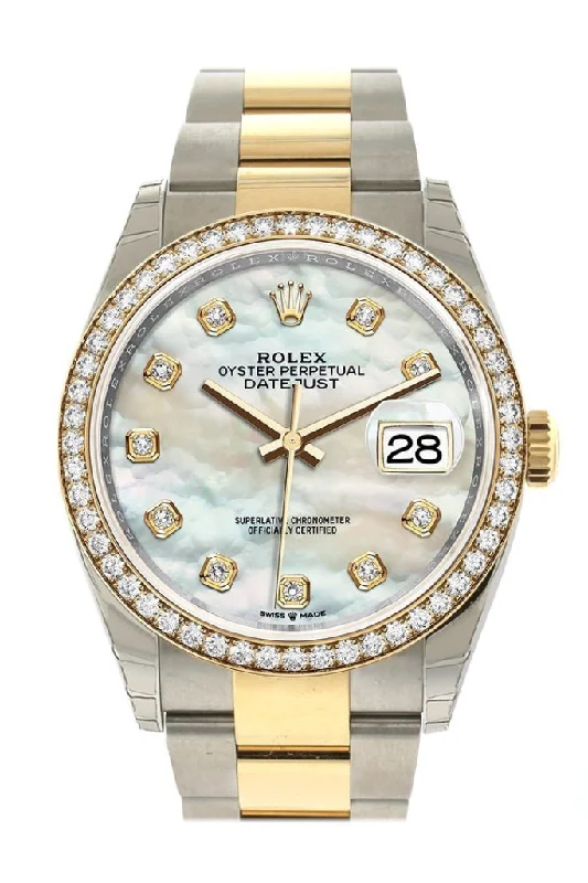 Rolex Datejust with custom dial -Rolex Datejust 36 White mother-of-pearl Diamonds Dial Diamond Bezel Oyster Yellow Gold Two Tone Watch 126283RBR 126283 NP