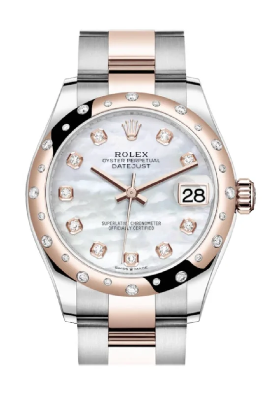 Rolex Datejust with blue fluted bezel -Rolex Datejust 31 White mother-of-pearl Diamonds Dial Diamond Bezel Jubilee Rose Gold Two Tone Watch 278341RBR 278341