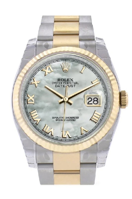 Rolex Day-Date with platinum case -Rolex Datejust 36 White mother-of-pearl Roman Dial Fluted 18K Gold Two Tone Oyster Watch 116233 Pre-owned