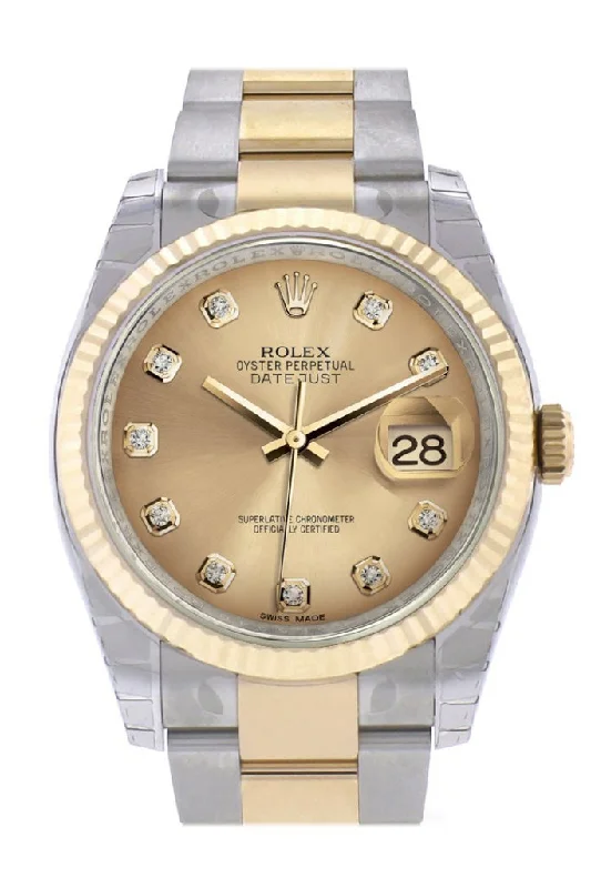 Rolex Datejust with classic stainless steel bracelet -Rolex Datejust 36 Champagne-colour Diamond Dial Fluted 18K Gold Two Tone Oyster Watch 116233 Pre-owned