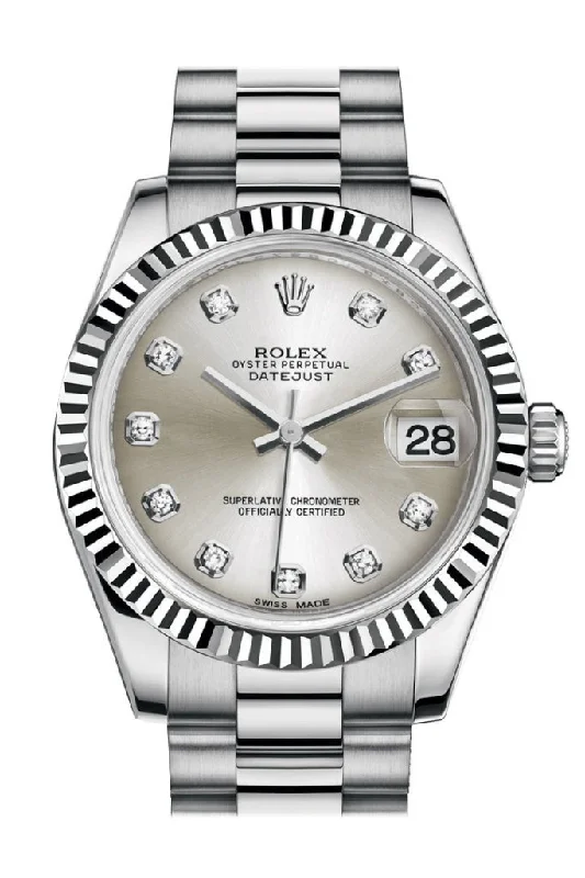 Rolex Submariner with no date version -Rolex Datejust 31 Silver Diamond Dial Fluted Bezel 18K White Gold President Ladies Watch 178279 Pre-owned