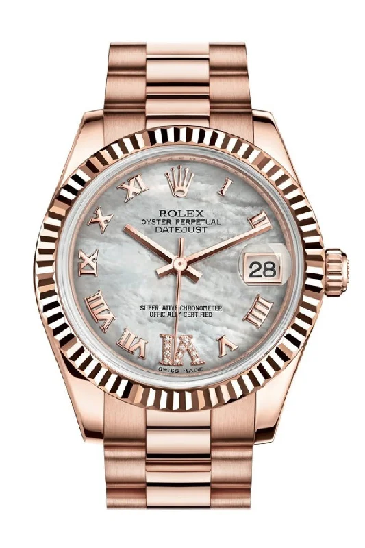 Rolex watches with chronograph functions -Rolex Datejust 31 White Mother of Pearl Roman Large VI Diamond Dial Fluted Bezel 18K Everose Gold President Ladies Watch 178275 Pre-owned