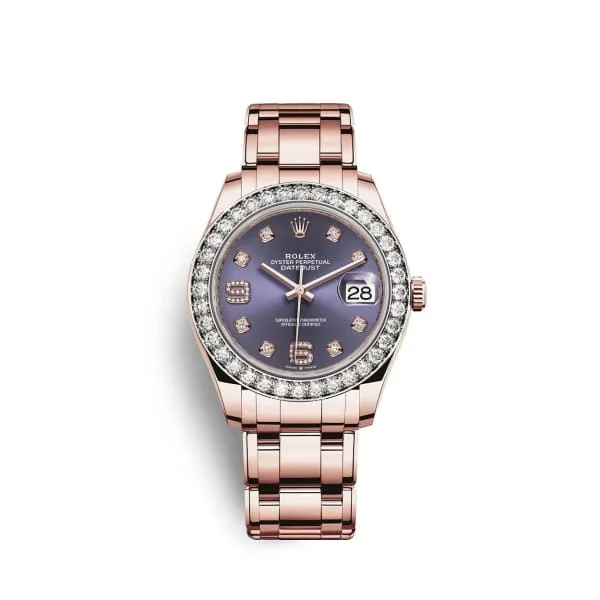 Rolex watches with gold and platinum designs -Rolex Pearlmaster 39mm - Ref: 86285-0004 - Aubergine Purple Roman Diamond Dial & Diamond Bezel, 18K Rose Gold Diamond Bracelet Women's Watch